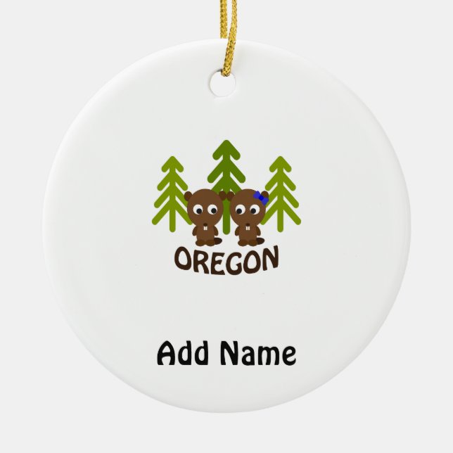 Cute Beaver Couple Oregon Ceramic Tree Decoration (Front)