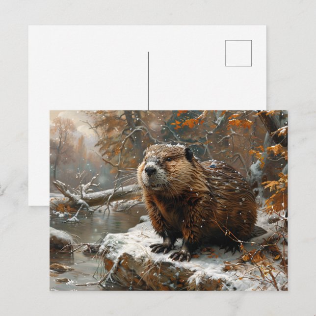 Cute Beaver During Winter Oil Painting Postcard (Front/Back)