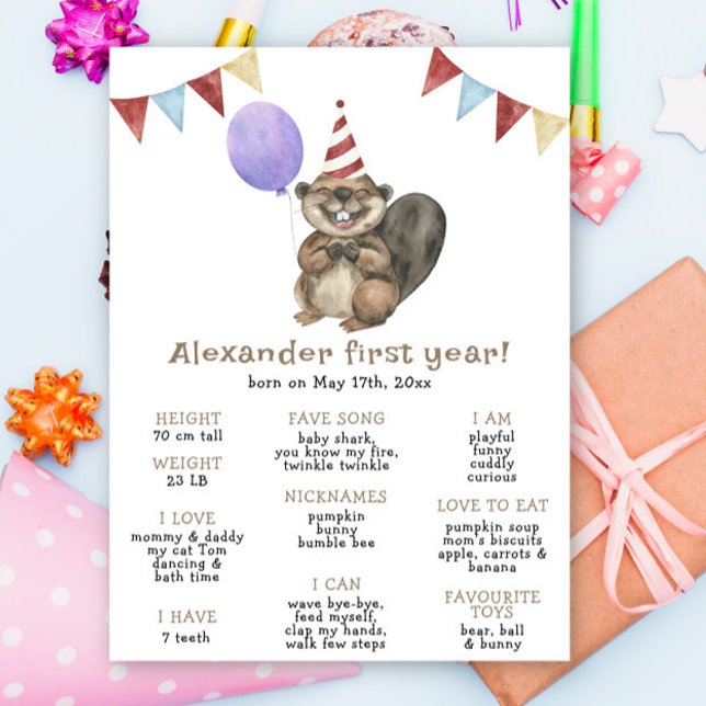 Cute Beaver First Birthday Milestone Birthday Poster (Creator Uploaded)