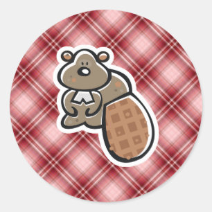 Cute Beaver; Red Plaid Classic Round Sticker