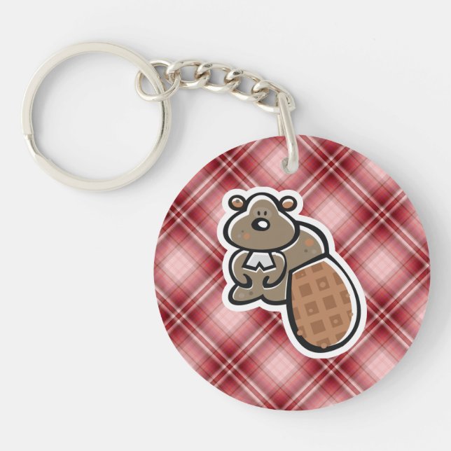Cute Beaver; Red Plaid Key Ring (Front)