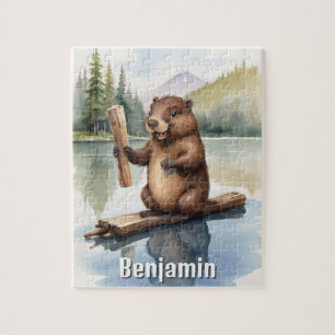 Cute Beaver with Stick Kids Personalized Jigsaw Puzzle