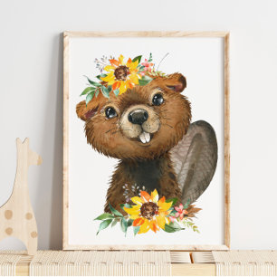 Cute Beaver Woodland Animal Nursery   Wall Print