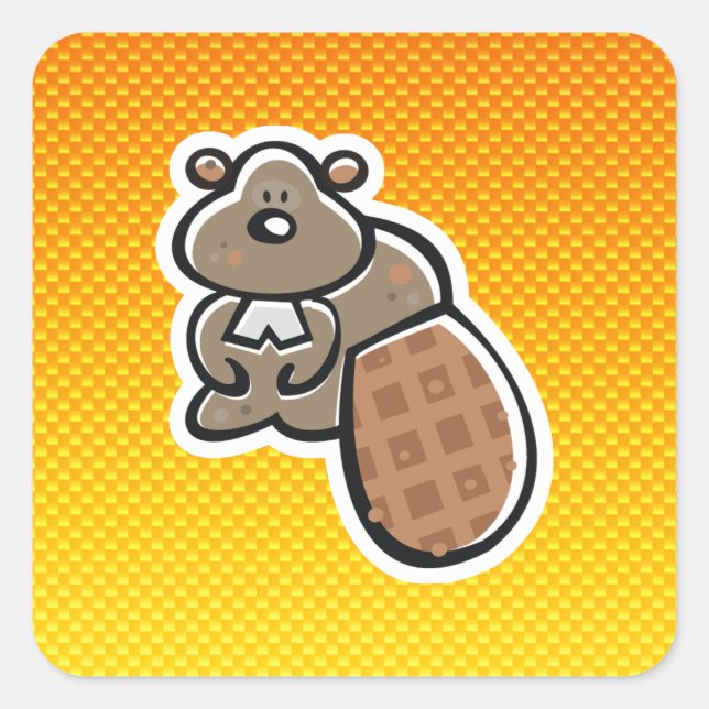 Cute Beaver; Yellow Orange Square Sticker (Front)