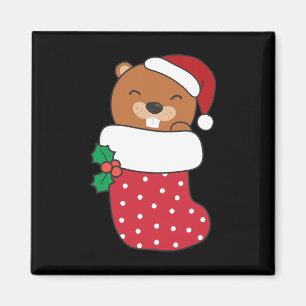 Cute Beavers In Christmas Stockings For Christmas Magnet