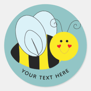 Cute Bee Add Text   Blue Classic Round Sticker