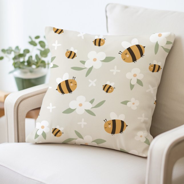 Cute Bee and Floral Throw Pillow (Creator Uploaded)
