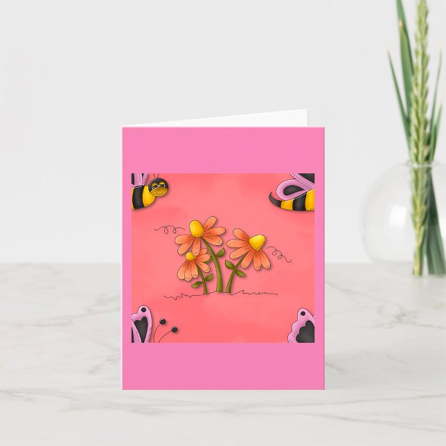 Cute Bee and Flower Pink Spring Garden  Card (Creator Uploaded)