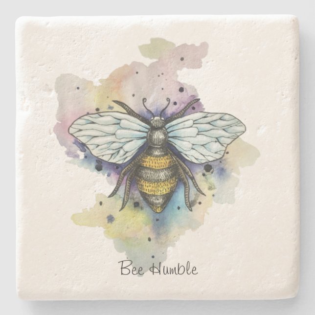 Cute Bee And Rainbow Wash Stone Coaster (Front)