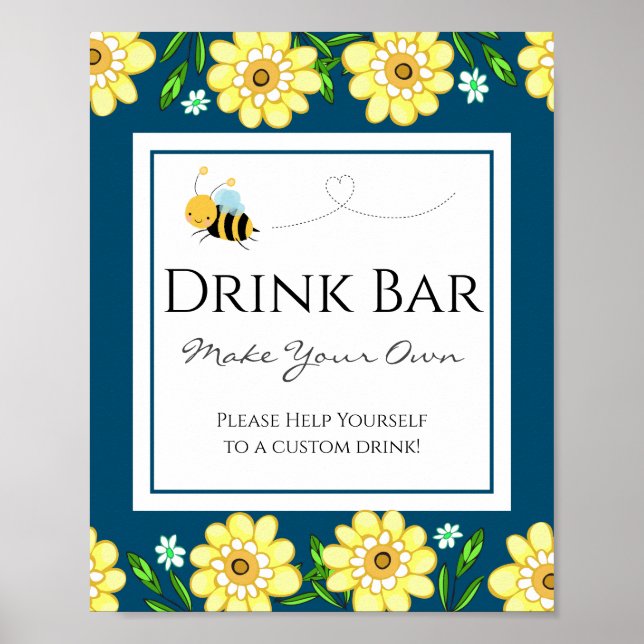 Cute Bee Baby Shower Custom Drink Bar Party Sign (Front)