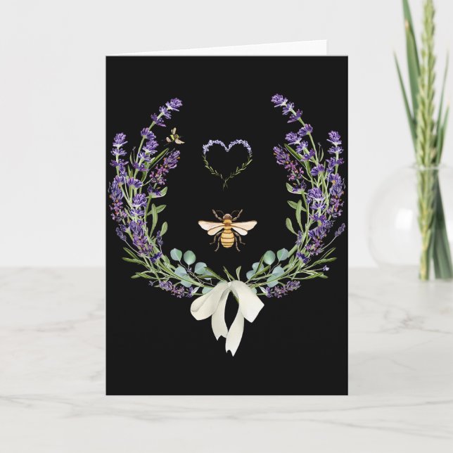 Cute Bee Bow Lavender Flower Heart Botanical Natur Card (Front)