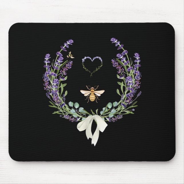 Cute Bee Bow Lavender Flower Heart Botanical Natur Mouse Mat (Front)