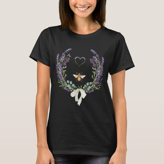 Cute Bee Bow Lavender Flower Heart Botanical Natur T-Shirt (Front)