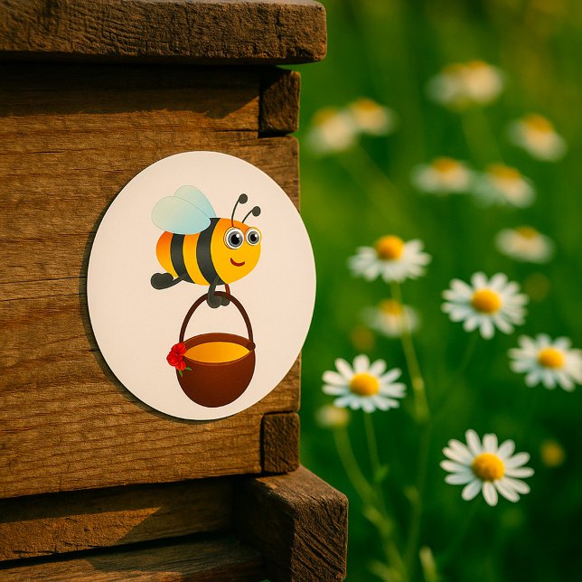 Cute Bee Carrying Honey Pot with Flower Classic Round Sticker (Creator Uploaded)