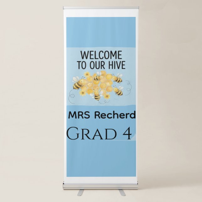 Cute Bee Classroom Welcome Poster - Soft Blue "Wel Retractable Banner (Front)