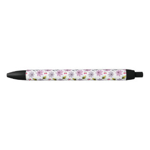 Cute Bee Floral Pattern Cottagecore Aesthetic Pink Black Ink Pen