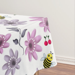 Cute Bee Floral Pattern Cottagecore Aesthetic Pink Tablecloth