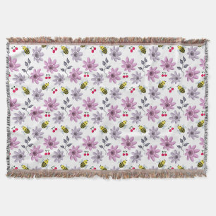 Cute Bee Floral Pattern Cottagecore Aesthetic Pink Throw Blanket