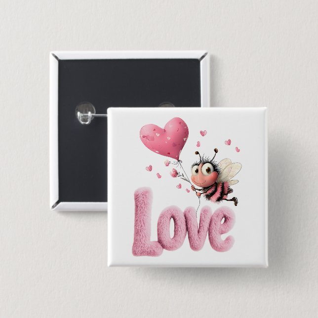 Cute Bee Fluffy Pink Love Heart Balloon  15 Cm Square Badge (Front & Back)