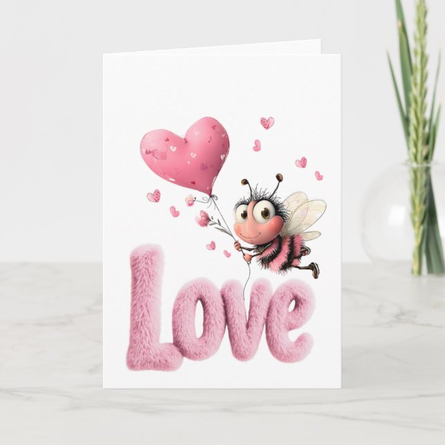 Cute Bee Fluffy Pink Love Heart Balloon Design Holiday Card (Front)