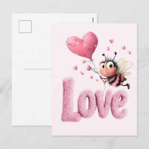 Cute Bee Fluffy Pink Love Heart Balloon Design Holiday Postcard