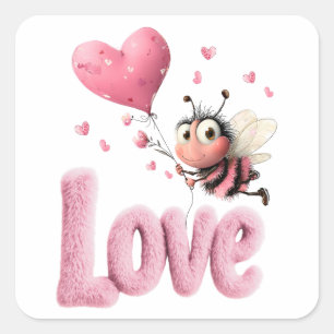 Cute Bee Fluffy Pink Love Heart Balloon Design Square Sticker