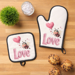 Cute Bee Fluffy Pink Love Heart Balloon Oven Mitt & Pot Holder Set