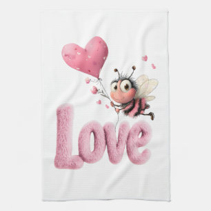 Cute Bee Fluffy Pink Love Heart Balloon  Tea Towel