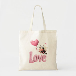 Cute Bee Fluffy Pink Love Heart Balloon Tote Bag