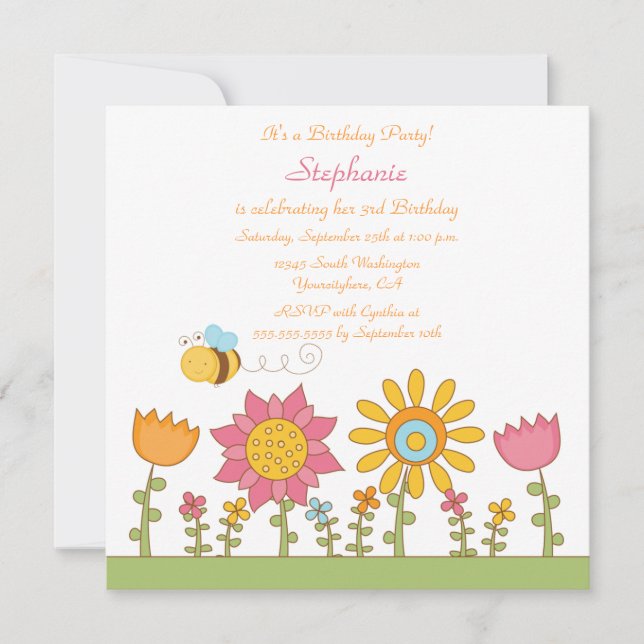 Cute bee flying flowers birthday party invitation (Front)