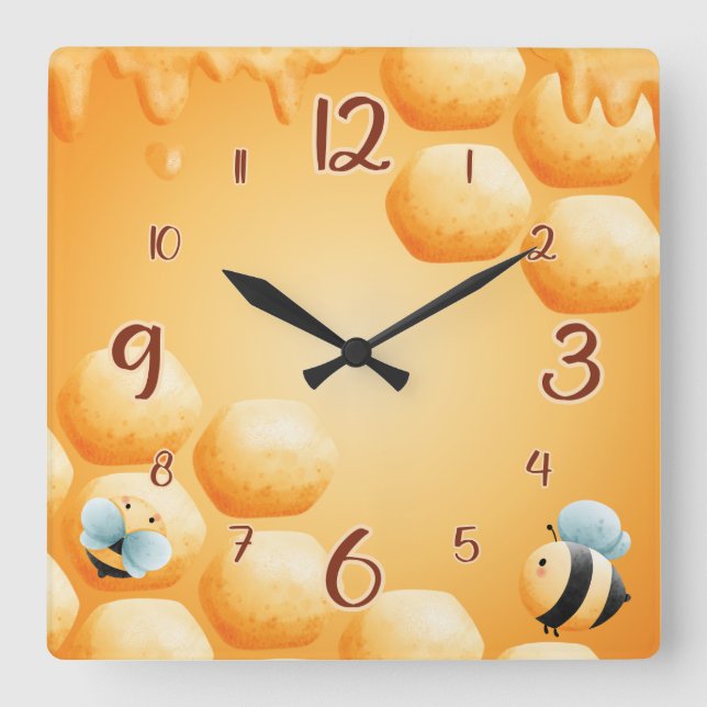 Cute bee fun square clock (Front)
