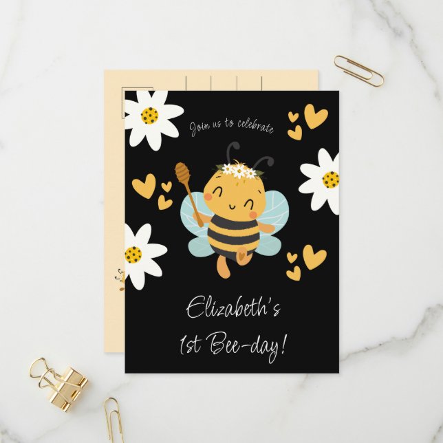 Cute Bee Girl's 1st Birthday Party   Invitation Postcard (Front/Back In Situ)