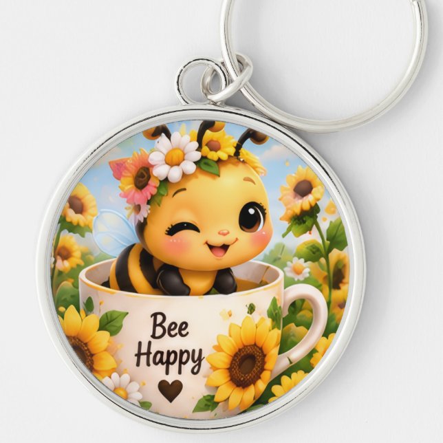 Cute Bee Happy Bumblebee Sunflower Round Keychain (Front)