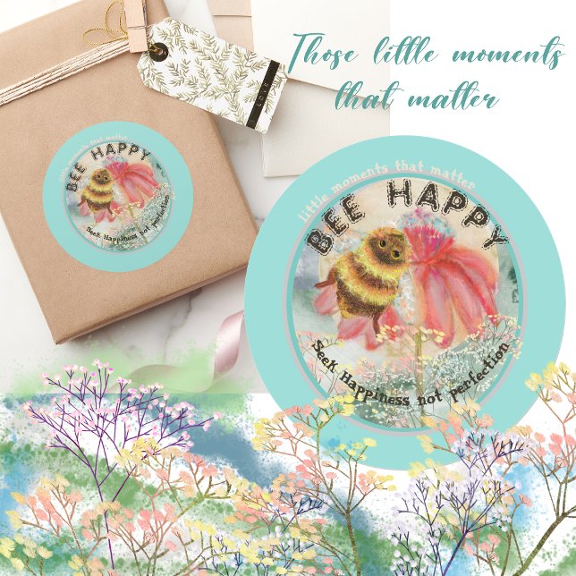 Cute Bee Happy  Classic Round Sticker (Motivational sticker bee happy with those little moments that matter)