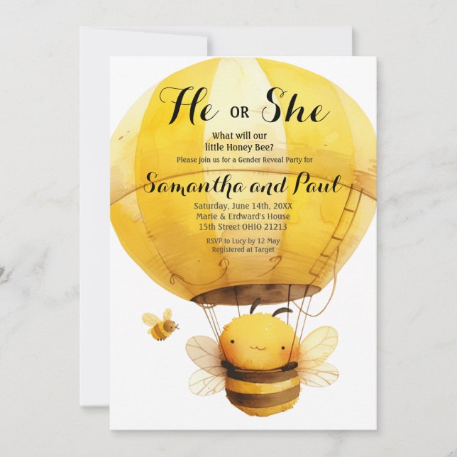 Cute Bee He or She Hot air Balloon Gender Reveal Invitation (Front)