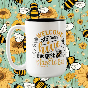 cute bee hive welcome add Family name Two-Tone Coffee Mug