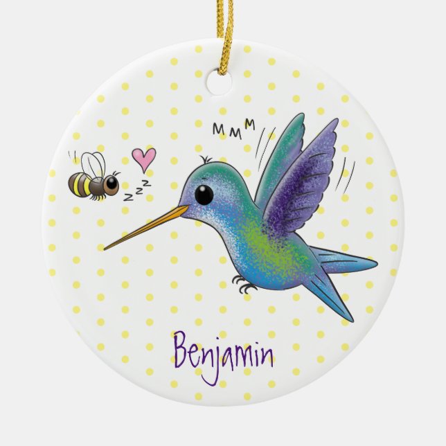Cute bee hummingbird cartoon illustration ceramic tree decoration (Front)
