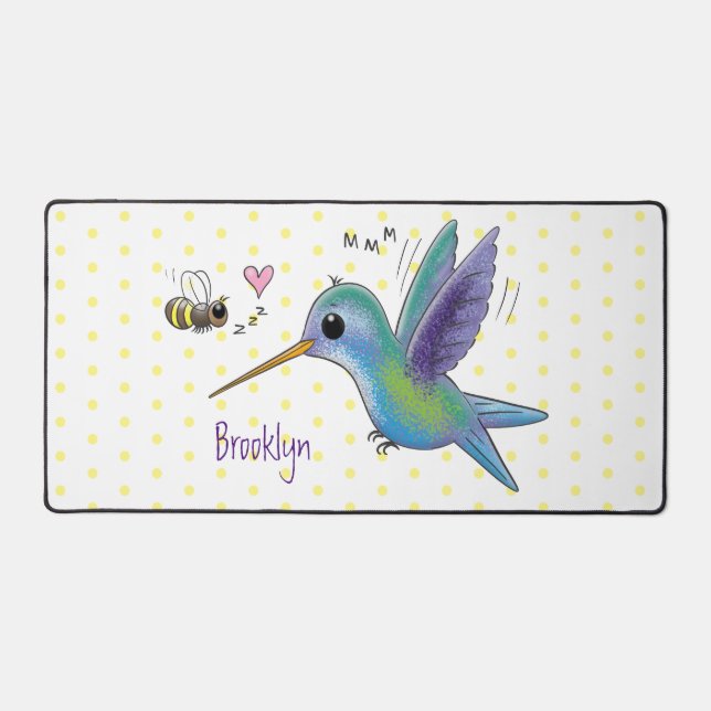Cute bee hummingbird cartoon illustration desk mat (Front)