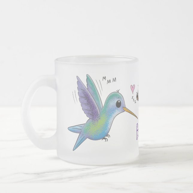 Cute bee hummingbird cartoon illustration frosted glass coffee mug (Left)