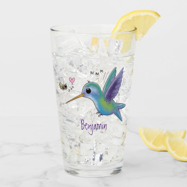 Cute bee hummingbird cartoon illustration glass (Back Ice)