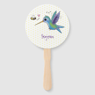 Cute bee hummingbird cartoon illustration  hand fan