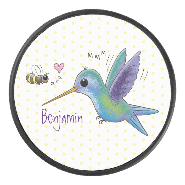Cute bee hummingbird cartoon illustration hockey puck (Front)