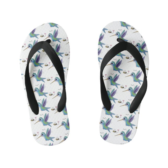 Cute bee hummingbird cartoon illustration kid's flip flops (Footbed)
