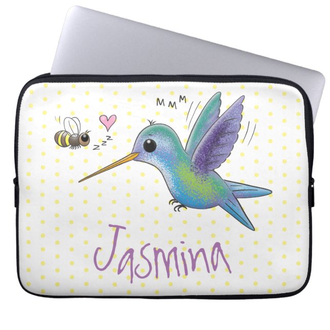 Cute bee hummingbird cartoon illustration laptop sleeve (Front)