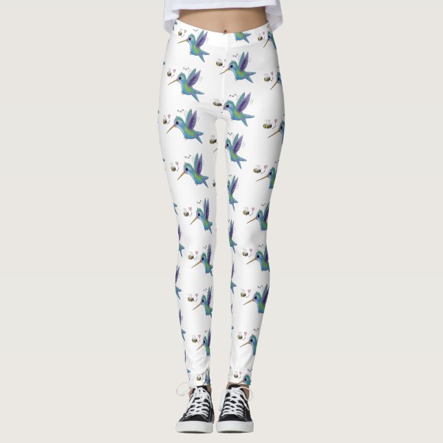 Cute bee hummingbird cartoon illustration leggings (Front)