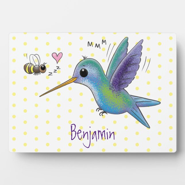 Cute bee hummingbird cartoon illustration plaque (Front)