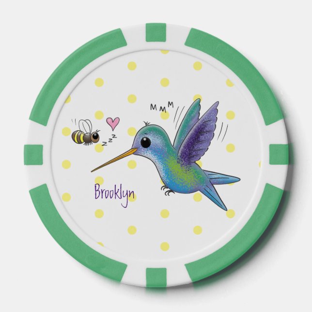 Cute bee hummingbird cartoon illustration poker chips (Front)