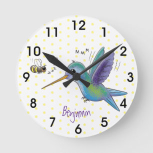 Cute bee hummingbird cartoon illustration round clock