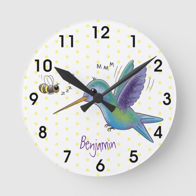 Cute bee hummingbird cartoon illustration round clock (Front)