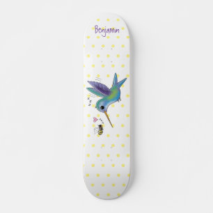 Cute bee hummingbird cartoon illustration skateboard